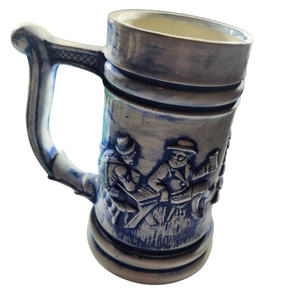 Vintage Blue & White Ceramic Stein mug Village Scene Hays Marked Base 6.5 Inches - Picture 2 of 4